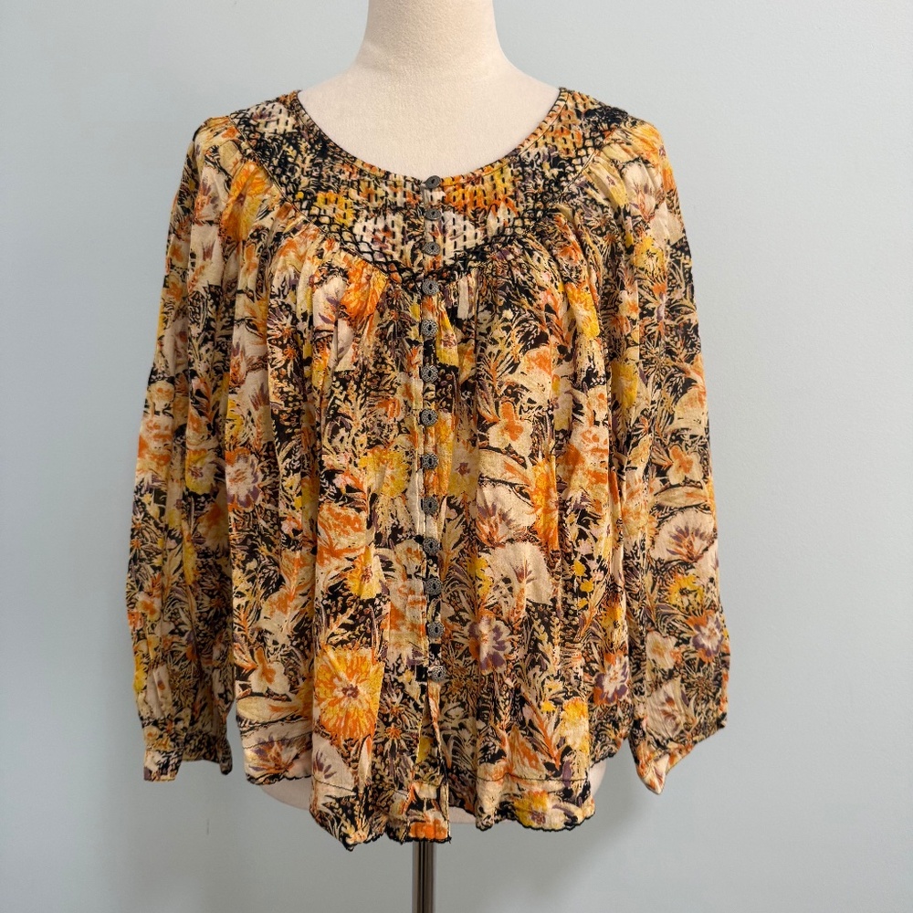 Free People We The Free Cool Meadow Printed Peasant Oversized Blouse Size S‎